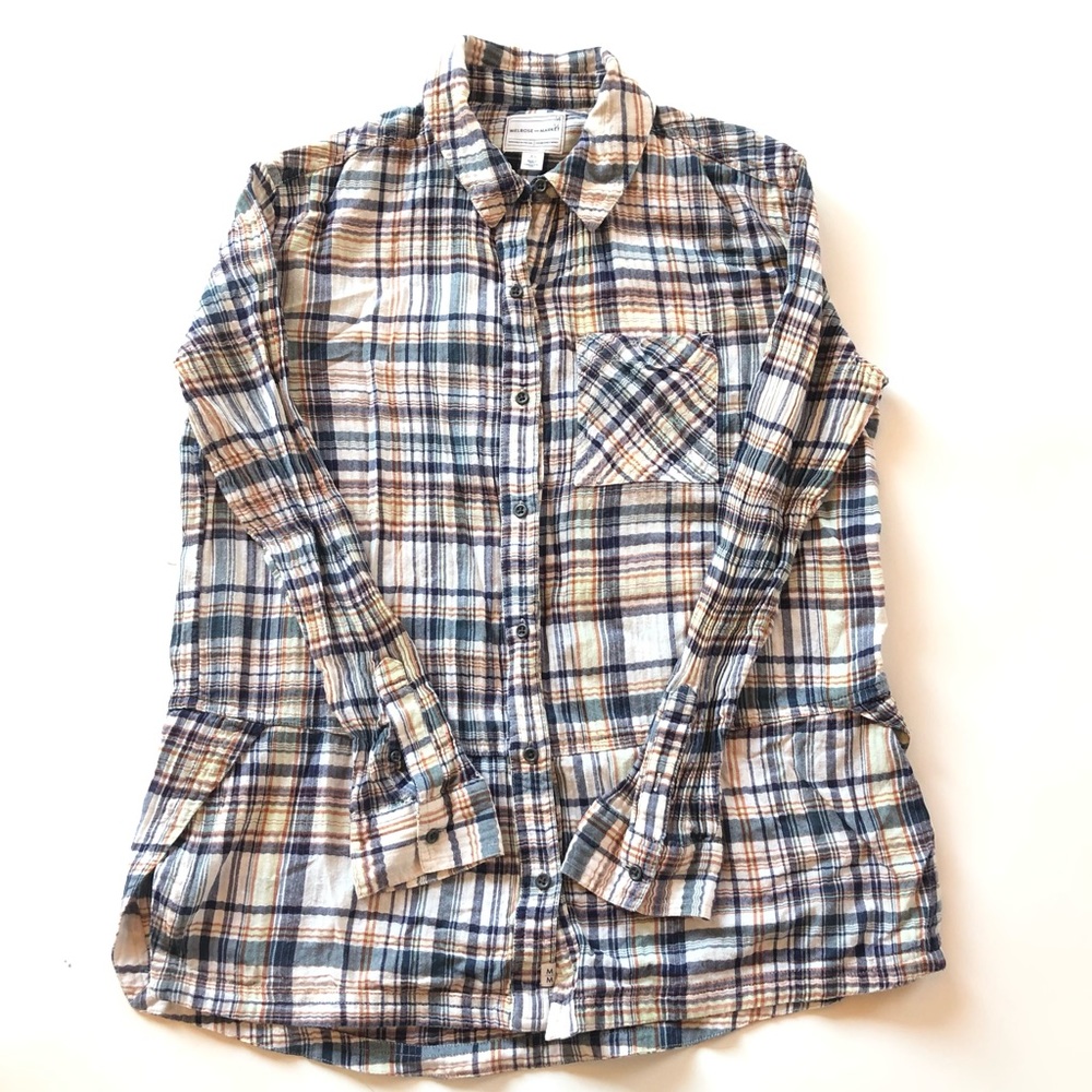 Melrose and Market Plaid Button Up Long Sleeve Blouse